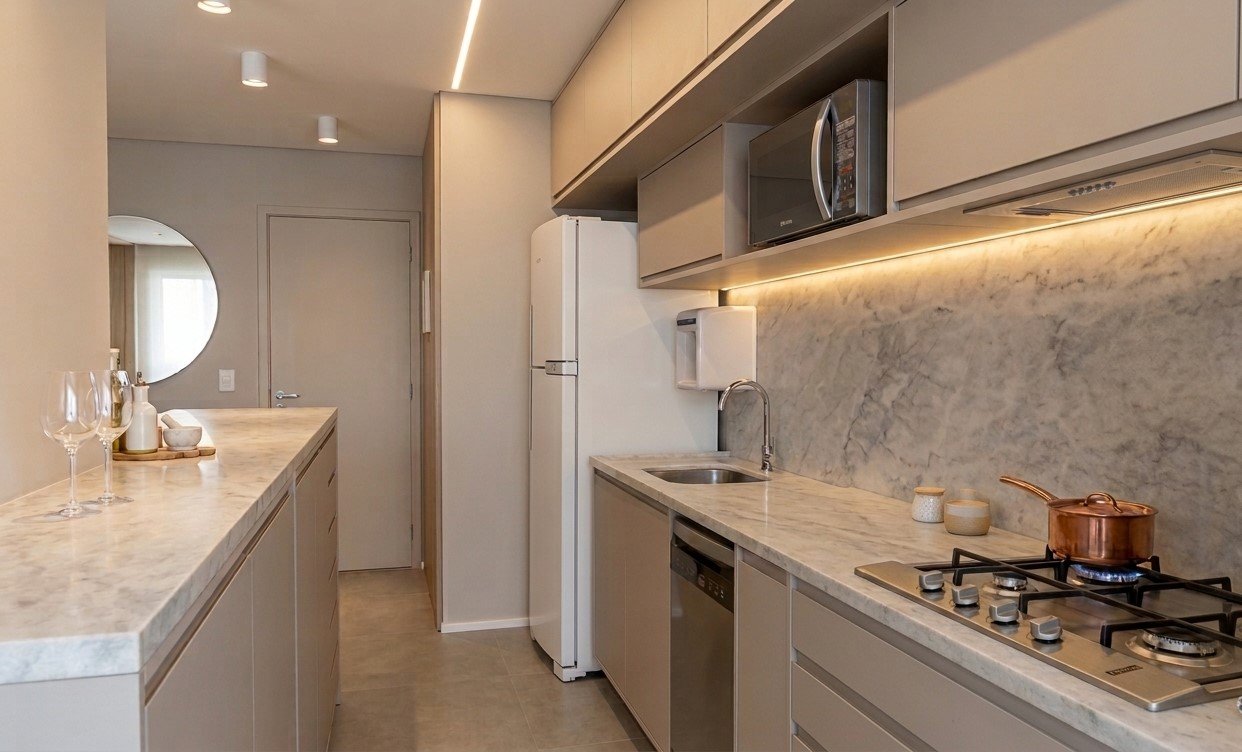 Cozinha com bancada de mármore e marcenaria planejada