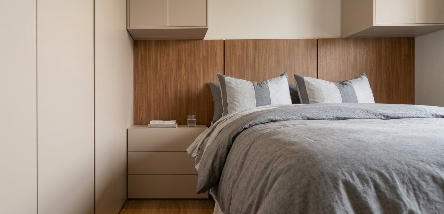 Quarto do casal com painel de madeira e marcenaria