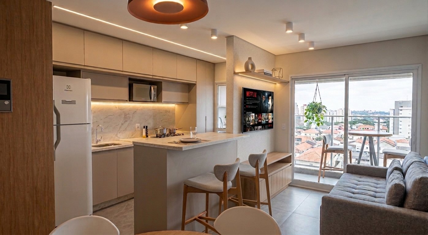 Sala e cozinha integradas do Apartamento 2 quartos