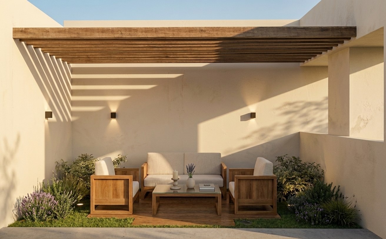Depois: área externa projetada pela Felizardo Arquitetura, com pergolado de madeira e jardim